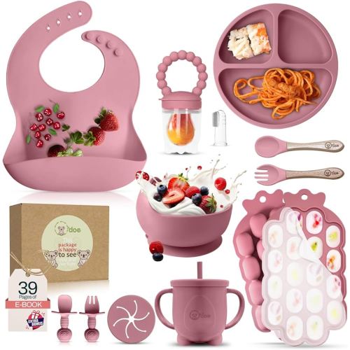 O'doe Baby Weaning Set – 15 Pcs Silicone Baby Feeding Set with Suction Plate, Bowl, Bib, Sippy Cup, Fruit Feeder, Freezer Tray