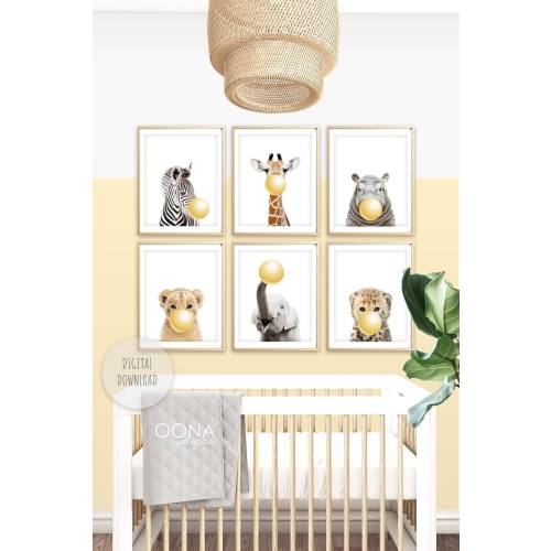 Yellow Nursery Decor Safari Nursery Prints Baby Animals & Bubble Gum Colorful Gender Neutral Nursery Art Childrens Wall Art DIGITAL DOWNLOAD