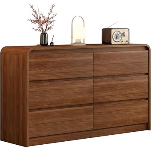 Modern 6 Drawer Dresser, 55-Inch Wood Chest of Drawers, Curved Anti-Collision Design, Mid-Century Storage Cabinet, Pre-Embedded Slots, Natural Texture, for Bedroom, TV Stand (W-55IN)