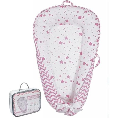 Baby Lounger | Organic Cotton Infant Lounger | Reversible, Adjustable & Portable Floor Lounger | Supervised Use | Soft, Breathable, Washable Cover - Star Collection (Pink)