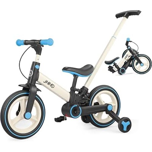 JMMD Toddler Bike with Push Handle for Kids 18-60 Months, 6 in 1 Foldable Push Bike with Training Wheels, Pedals, Brakes, Kickstand, Kid Balance Bike Gift & Toys for Boy & Girl