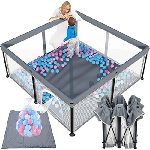 TOREVSIOR Foldable Baby Playpen with Mat, 50"×50" Foldable Playpen for Babies and Toddlers, Indoor & Outdoor Kids Safety Play Pen, Portable Play Yard, Foldable Baby Playpen with 50 Ocean Balls