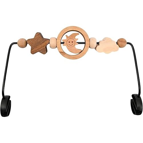 Natural Wooden Activity Toy Bar for Baby Bjorn Bouncer, 360° Rotating Smiling Moon Hanging Toys for Infant Car Seat & Stroller, Sensory Development Toy 0-12 Months