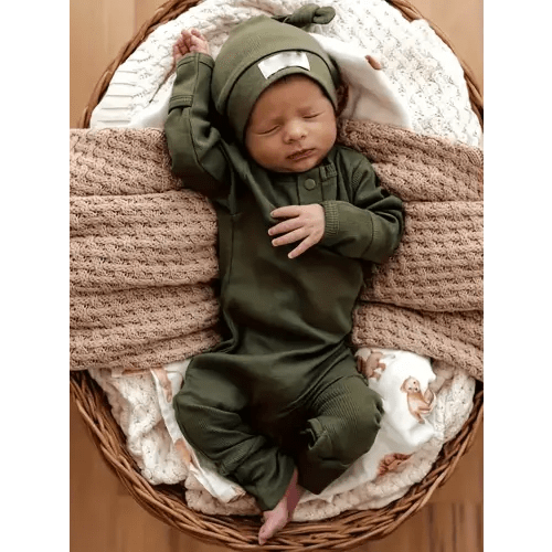 Baby Boy Solid Color Jumpsuit Romper Pants Ribbed Long Sleeve Bodysuit with Hat 2Pcs Newborn Fall Winter * Outfit