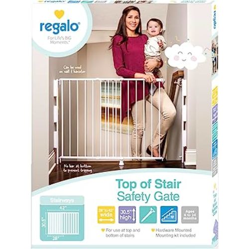 Regalo 2-in-1 Stairway and Hallway Wall Mounted Baby Gate, Bonus Kit, Includes Banister and Wall Mounting Kit