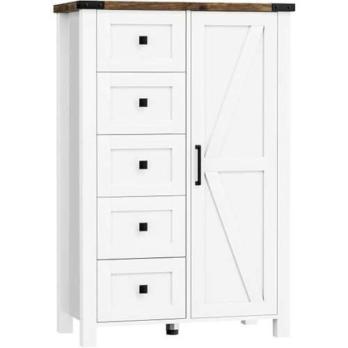 VVFLU Farmhouse Dresser Storage Cabinet Chest of Drawer for Bedroom, 5 Drawer Dresser with Barn Door, 48 Inch Tall White Wood Dresser, Adjustable Shelves, Rustic, for Living Room, Entryway, Hallway