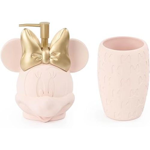 Disney Minnie Mouse Bathroom Soap Dispenser Set - 2 Piece Pink Collection Includes Resin Lotion Pump and Tumbler Cup- Bathroom Décor