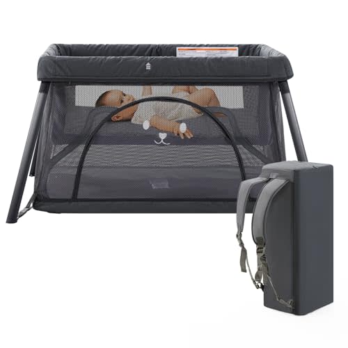 Travel Crib,3 in 1 Portable Crib for Baby, Lightweight Pack and Play for Babies and Toddler, Foldable Travel Baby Playpen with Comfortable Mattress and Carry Bag(Dark Grey)