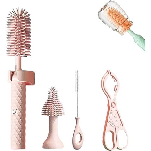 Toph Bottle Brush 360° Electric Bottle Brush Cleaner Bottle Washer Brush Portable Silicone Bottle Brush USB Rechargeable Travel Bottle Brush With Long Handle (PINK), KIOD-1880