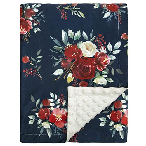 Floral Baby Blankets for Girls Soft Double Layer Minky with Dotted Backing for Todder Elegant Nursery Blanket with Blooming Floral and Leaves Printed Newborn Infants Blanket Navy Blue 30 x 40 Inches