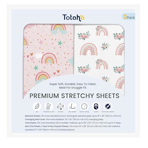 TotAha Premium Soft Pack n Play Sheets, Super Stretchy Jersey Knit Mini Crib Sheets Fitted, Silky Comfort Pack and Play Mattress Sheets, 2 Pack (Rainbow)