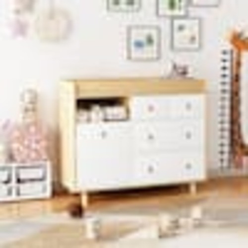 FUFU&GAGA Natral Wood and White Diaper Changing Table with 5-Drawers and Open Storage Shelf, 45 in. W Nursery Dresser Organizer ZN-KF180081-02