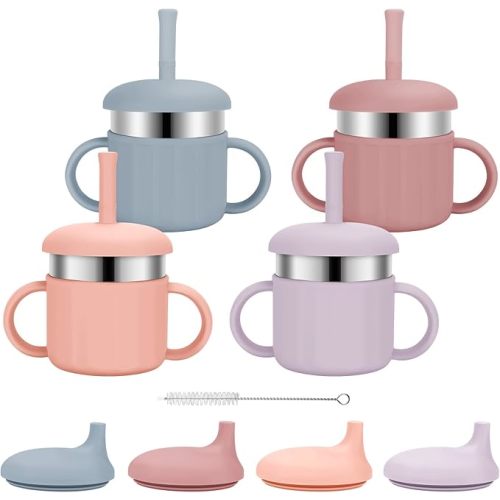 Baby Sippy Cups, 7.4 Oz 3 Stages Baby Training Cups, Straw Cup for Infants Toddlers 6-12 Month and Kids 1-3 Year, Stainless Steel Kid Cups with Silicone Straws, 4 Colors B