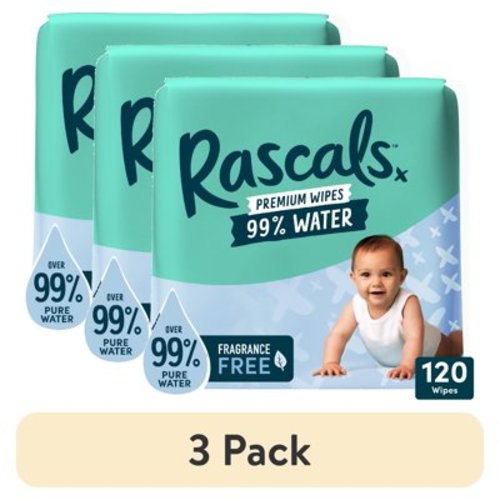 (3 pack) Rascals 99% Water Premium Baby Wipes, 120 Count (Select for More Options)