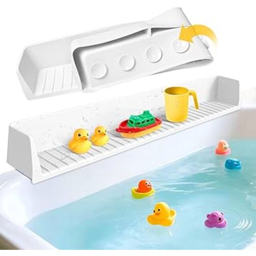Splash Guard for Bathtub Kids - Silicone Bathtub Splash Guard with 11 Suction Cups, Bath Tub Play Shelf for Kids & Toy Holder, Prevent Water Spill in Bathroom, Fun Bath Time for Toddlers Baby, White
