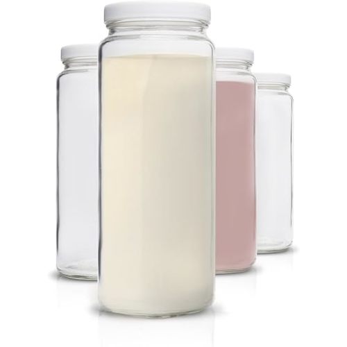 All About Juicing Glass Bottles Set - 32 oz Jars, 4 Pack Wide Mouth with Lids for Juice, Smoothies, Water, Milks, Beverage Storage - Large Jug, Clear, Durable, Reusable, Dishwasher Safe, Leak Proof