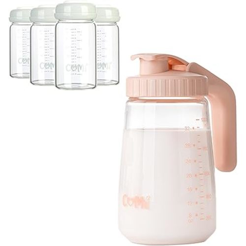 COMI 6oz,4 pcs,Wide Neck Glass Breastmilk Collection n Storage Bottle & 34oz Breast Milk Pitcher