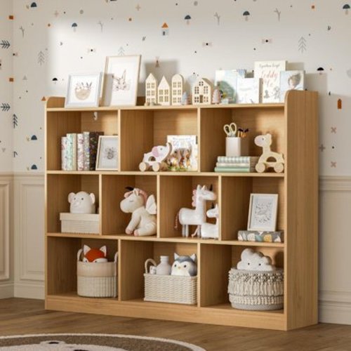 DIYART Oak Wood Bookcase with 3 Tier Open Shelves, 10-Cube Storage Shelf, 55.1" W x 42.5" H