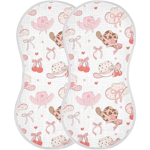 Western Pinks Cowgirl Hat Burp Cloths Baby Boys Girls Absorbent Soft Cotton Burping Cloths Rags, 2 Pack