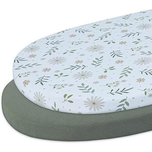 Bassinet Sheet Cotton Girls,Boys,100% Cotton Knitted Jersey, Super Soft and Durable,2 Pack Unisex | Universal Fit for Hourglass,Oval or Rectangle Bassinets (17"x32"x4") | Green and Flowers