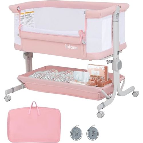 INFANS 3 in 1 Baby Bassinet, Bedside Sleeper with Comfy Mattress, Wheels, 6 Height Adjustable, Storage Basket, Travel Bag, Portable All Mesh Crib for Newborn Infant (Pink)