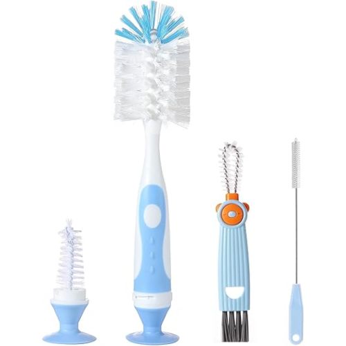 4-in-1 Baby Bottle Brush Set, Bottle Brush for Baby, Bottle Cleaner Brush Set, Including Nylon Bottle Brush, Bottle Cap Brush, Straw Brush, Nipple Brush, BPA-Free (Blue)