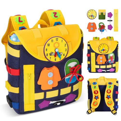 URMYWO Busy Board - Toddlers Backpack for 3-7 Year Old - Montessori Sensory Toys with Numbers Buckles - Develop Life Skills Learning Activity Fine Motor Skills Toddler Travel Toys Birthday Gifts