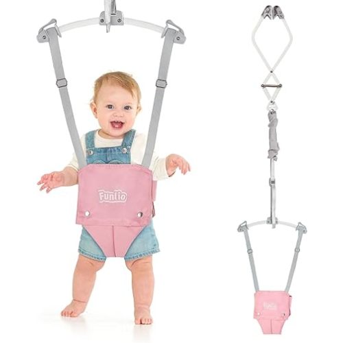 FUNLIO Baby Door Jumper for 6-24 Months (with Door Clamp), Baby Jumper Doorway with Strong Spring & Adjustable Strap, Portable Infant Baby Bouncer, Bearing 40 Lbs, CPC & CE Certified-Pink