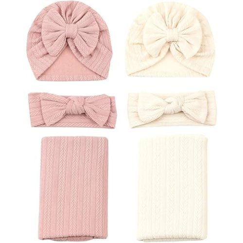 QandSweet Newborn Receiving Blanket Headband Hat Set Baby Swaddle swaddling Blanket (Pink Beige)