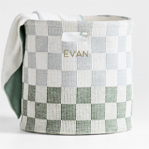 Personalized Hopscotch Mist Blue and Pine Green Checkerboard Large Floor Storage Bin