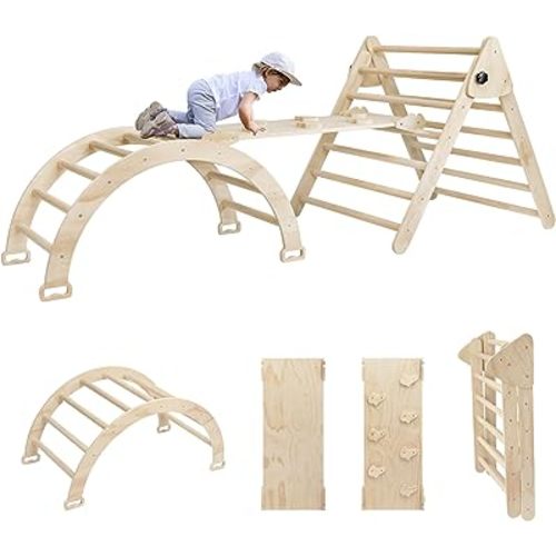 EDOSTORY 5 in 1 Pikler Triangle Set, Indoor Playground and Gym for Kids, Foldable Wooden Montessori Climbing Set Triangle Ladder Set with Slide and Climbing Ramp, Gift for Boys Girls(Rainbow)