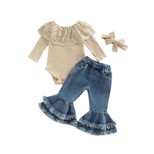 Lieserram Toddler Baby Girls Fall Spring Clothes, 3 6 12 18 24 Months Long Sleeve Lace Romper Tops + Denim Pants + Headband