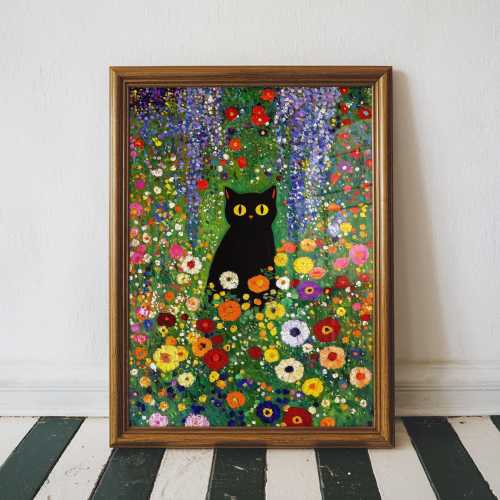 Gustav Klimt Garden Cat Print, Klimt Flowers Cat Poster, Black Cat Art, Floral Print, Funny Cat print, Funny gift, Home decor Poster