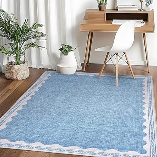 Scalloped Washable Rugs for Living Room, Solid Blue 6x9 Area Rugs for Bedroom Girls, Non Slip Scalloped Rug with Rubber Back, Soft Dorm Nursery 6x9 Rugs for Dining Room