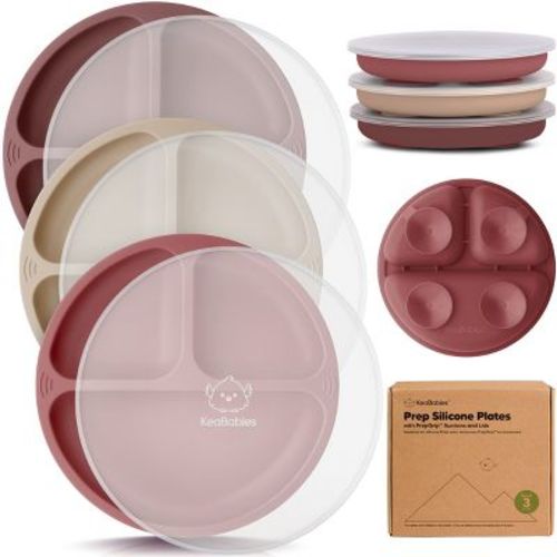 3-Pack Prep Suction Plates with Lids, 100% Silicone Baby Plates with Lid, BPA-Free Kids Divided Toddler Plates