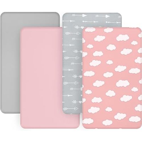 4-Pack Fitted Crib Sheets for Boys and Girls - Breathable, Soft Microfiber Baby Sheets in Grey and Pink