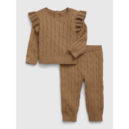 Baby CashSoft Cable-Knit Sweater Outfit Set in camel brown, size: 6-12 M