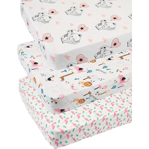 Tontukatu Pack n Play Sheet Stretchy Fitted Portable Mini Crib Sheets Set 3 Pack,Playard Sheets Convertible Playard Mattress Cover,Ultra Soft Jersey Material,Flamingo Elephant & Lion