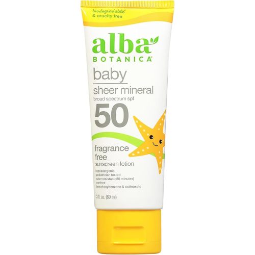 Alba Botanica Baby Sunscreen for Face and Body, Sheer Mineral Sunscreen Lotion, Broad Spectrum SPF 50, Water Resistant and Fragrance-Free, 3 Fl Oz (Packaging May Vary)