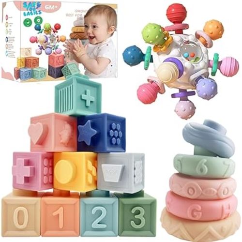 Baby Montessori Sensory Toys for 0-6 6-12 Months, Baby Teething Toys for Babies 0 3 6 9 12 18 Months, Infant, Newborn Rattle Teether, Blocks, Soft Stacking Rings, Ideal Baby Boy Girl Gifts Set
