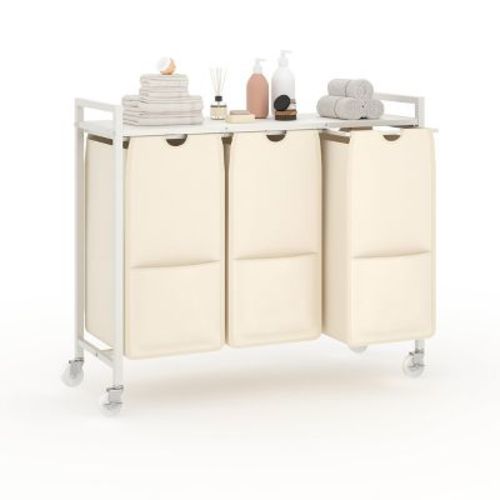 Laundry Sorter with Wheels and Removable Bags, 3-Bin Rolling Storage Cart with Shelf for Bedroom Bathroom Dorm, 33" Space-Saving Hamper