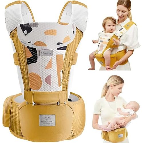 Bebamour Baby Carrier Newborn to Toddler-2 in 1 Hip Seat & Carrier Front and Back Carry with Head Hood & 3 Pieces Teething Pads& Waist Extenders & Storage Bag 0-36 Months (Yellow)