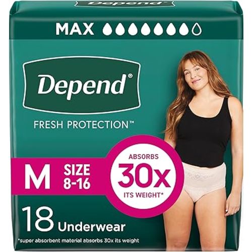 Depend Fresh Protection Adult Incontinence & Postpartum Bladder Leak Underwear for Women, Disposable, Maximum, Medium, Blush, 18 Count, Packaging May Vary