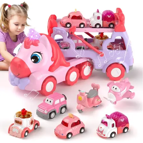 7 in 1 Carrier Truck Cars for Toddlers Girl Toys, Unicorn Gifts for Girl Toys for 1 2 3 Year Old Girl, Toddler Princess Girl Toys Age 1-3 2-4, Girl Car Toys with Light & Music, Toy Car for Girls
