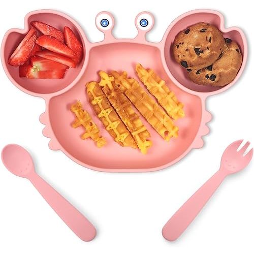 ROCCED Suction Plates for Baby, Silicone Plates with Suction Divided, Baby Spoon Fork Set for Toddler Baby Dishes Kids Utensils-Crab Pink