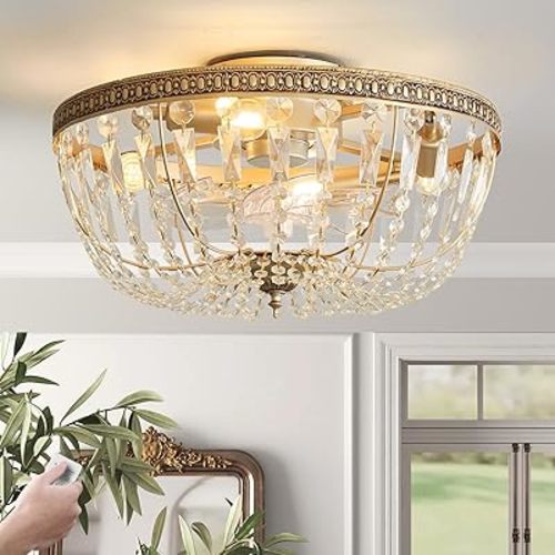 Crystal Caged Ceiling Fan with Light Flush Mount, 20inch Crystal Ceiling Fan with Light and Remote, Gold Crystal Fandelier Ceilings Fans with Lights for Bedroom, Dining Room, Living Room