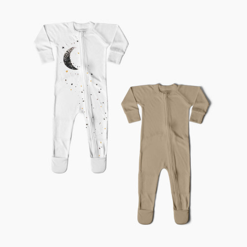Goumi Kids Organic Cotton Printed Footie (2 Pack) - Many Moons + Sandstone, 6-12 M
