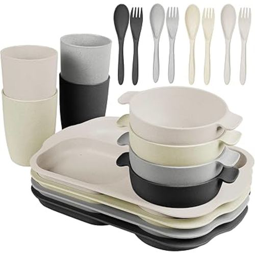 shopwithgreen Kids Toddlers Plates and Bowls Sets, 20 PCS Wheat Straw Dinnerware Cutlery Set, Unbreakable Tableware Divided Plate Spoon Knife Cup, Reusable Utensils Set for Kitchen Picnic School
