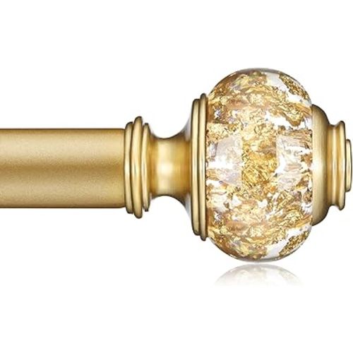 Gold Curtain Rods for Windows 48-84 Inch, 6/8 Inch Adjustable Telescoping Drapery Rod with with Translucent Gold Foil Finials, Decorative Single Curtain Rod Set for Bedroom Living Room