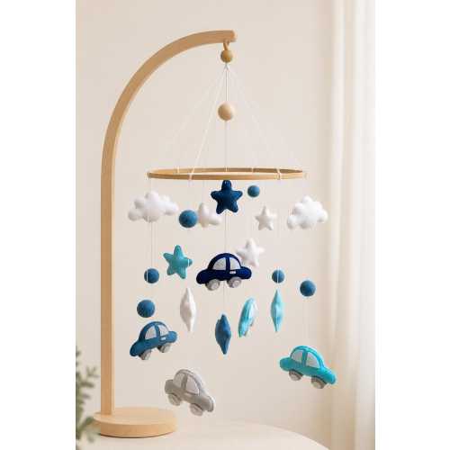 Blue Car Baby Mobile, Felt Car Nursery Mobile, Transportation Crib Mobile,Baby Boy Nursery Decor,Handmade Baby Shower Gift